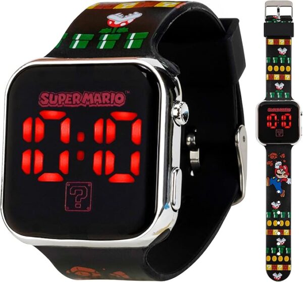 Accutime Nintendo Super Mario Kids LED Watch – Silver Plastic Case, Red LED Display, Iconic Mario Design, Durable Strap with Printed Artwork, Alloy Buckle, Fun Timepiece for Boys and Girls, Ages 6-12