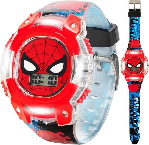 Marvel Spider-Man Kids Digital LCD Watch with Light-Up Bezel, Easy-Read Display, and Adjustable Strap – Fun Digital Watch for Boys & Girls – Fits Wrists 5.5”-8” – Includes Collectible Tin Box